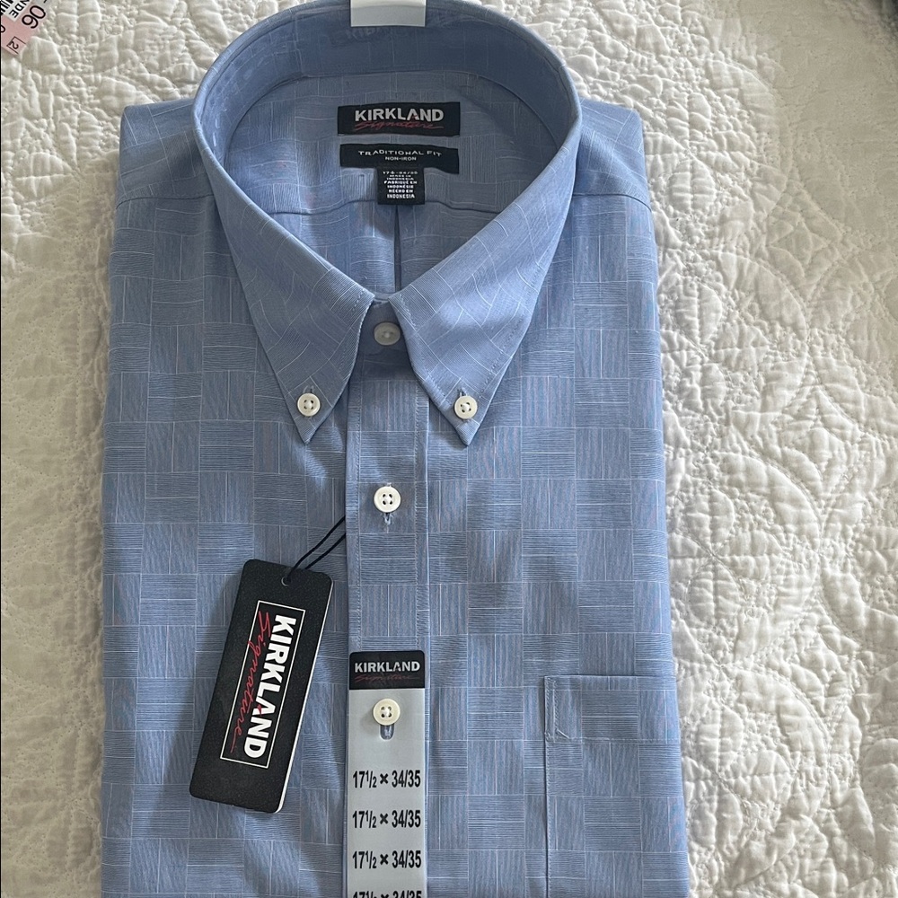 Kirkland Signature Men's Light Blue Patterned Dress Shirt 17 34/35